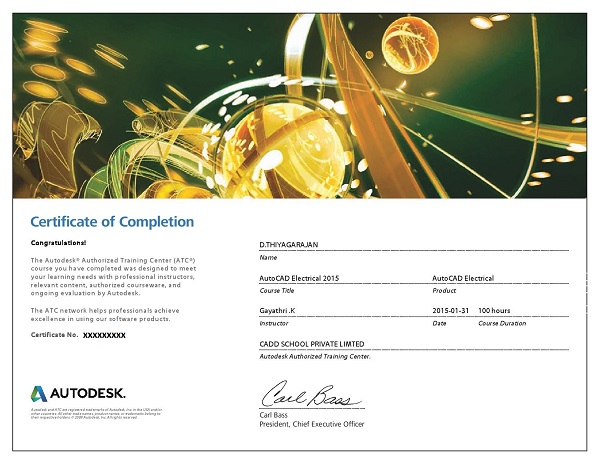 CADD SCHOOL autodesk course Completion Certificate