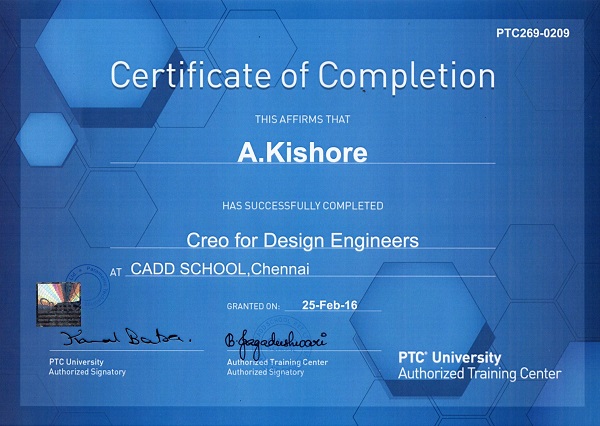 CADD SCHOOL PTC University creo course Completion Certificate